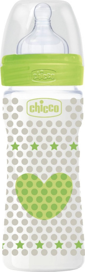 Chicco Well Being, Πλαστικό Mπιμπερό, Θηλή Σιλικόνης Πράσινο  2m+ , 250ml