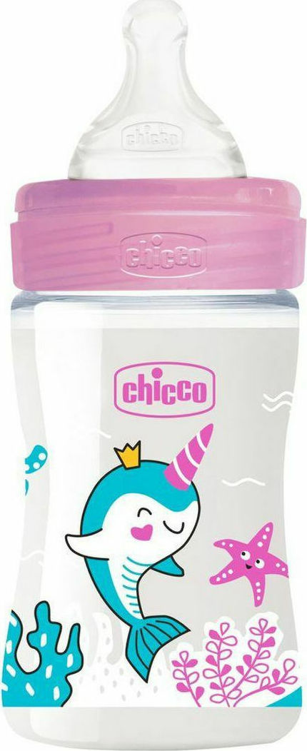 Chicco Πλαστικό Μπιμπερό Well Being Κατά των Κολικών με Θηλή Σιλικόνης 150ml για 0+ μηνών Pink Φάλαινα